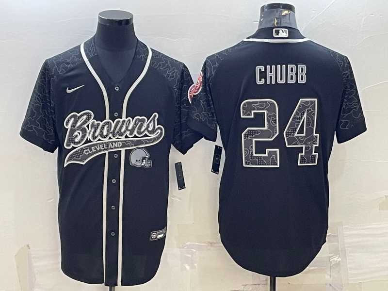 Men%27s Cleveland Browns #24 Nick Chubb Black Reflective With Patch Cool Base Stitched Baseball Jersey